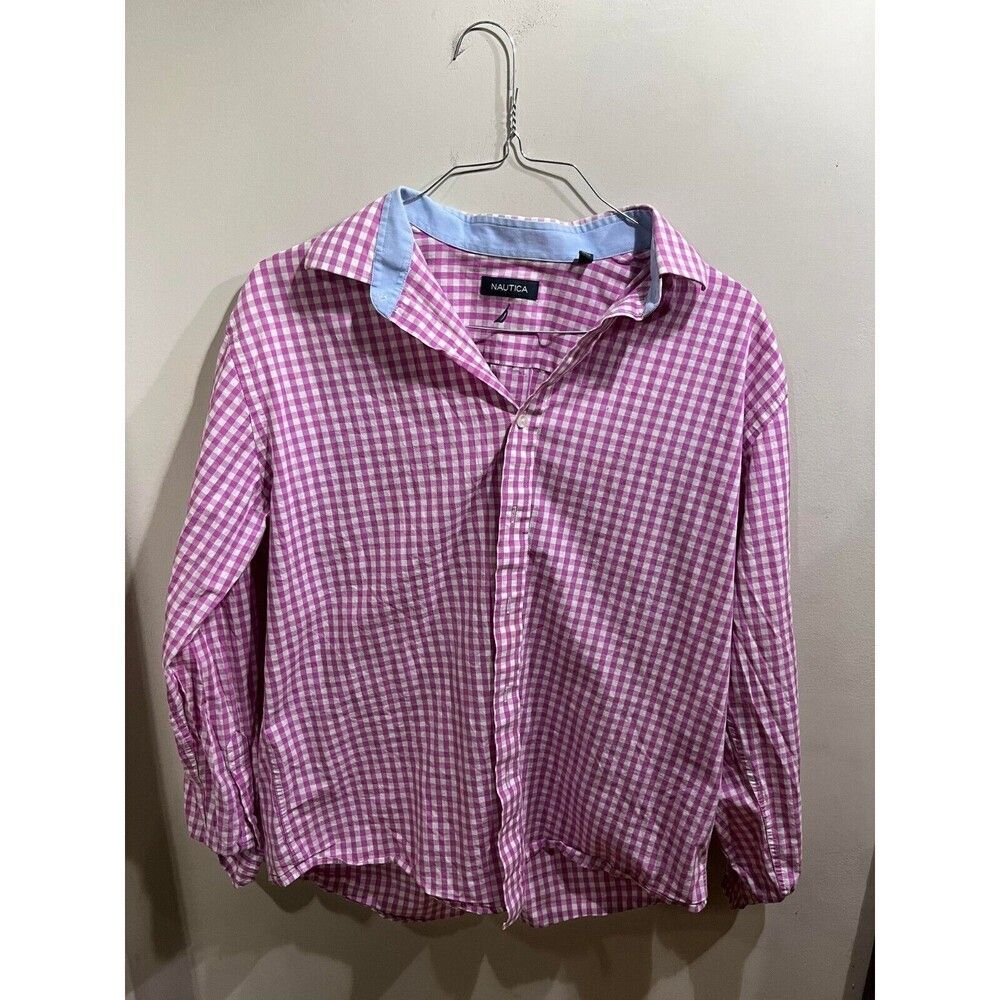 NAUTICA Classic Button Up Shirt Men's 16.5 34/35 Long Sleeve Pink and White
